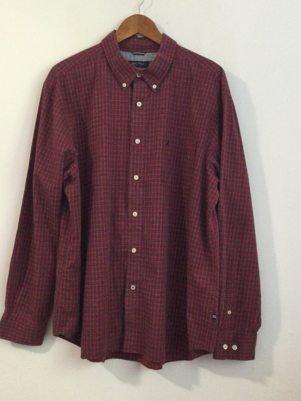 Nautica long-sleeve plaid button-down shirt red blue white micro-plaid Mens XXL
